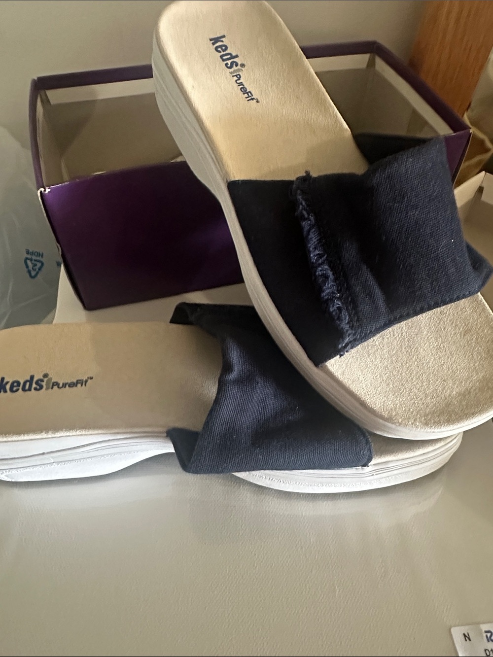 Keds 7M New Navy Fringe purefit Slide Sandals with Suede Footbed